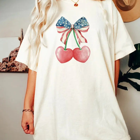 Coquette America Cherry Sweatshirt, Coquette Bow T-shirt, 4th Of July Shirt, USA Flag With Cherry Sweater, Cowgirl Round Neck Womenswear Tops Crewneck Casual