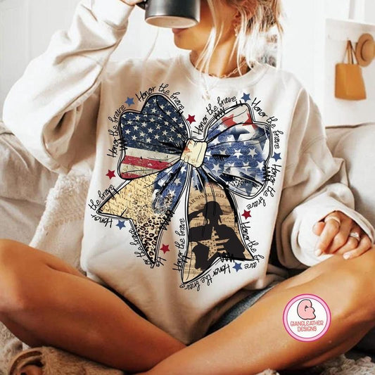 Coquette American t shirt,  Honor the brave sweatshirt, Memorial Coquette Bow hoodie, 4th of July, America, Freedom, American Flag,soldier