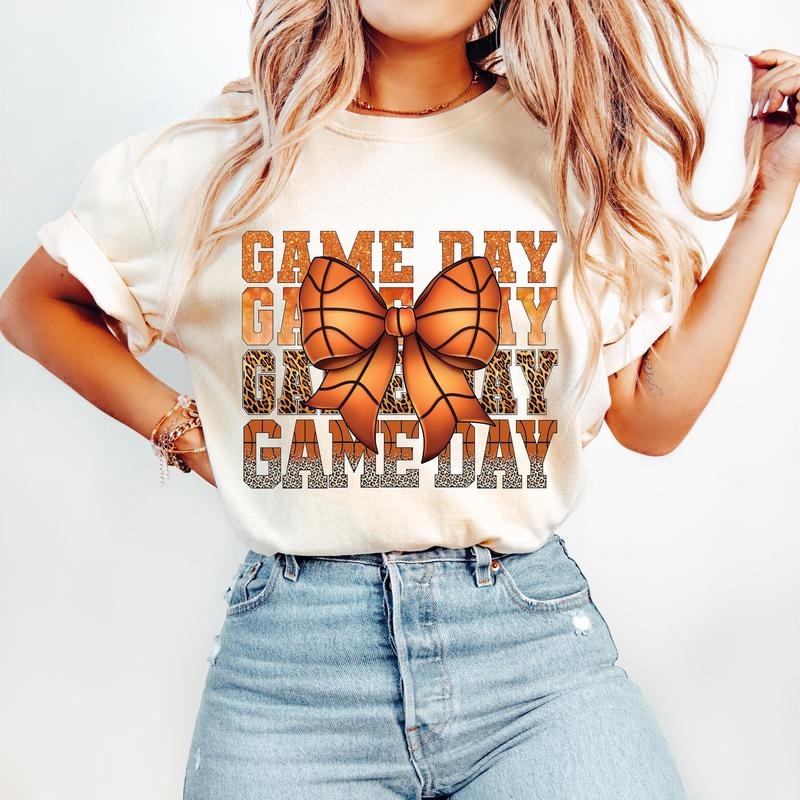 Coquette Basketball T-Shirt, Game Day Basketball T-Shirt, Basketball Mama Bow T-Shirt, Glitter, Leopard Print, Basketball Mom T-Shirt, Retro Basketball