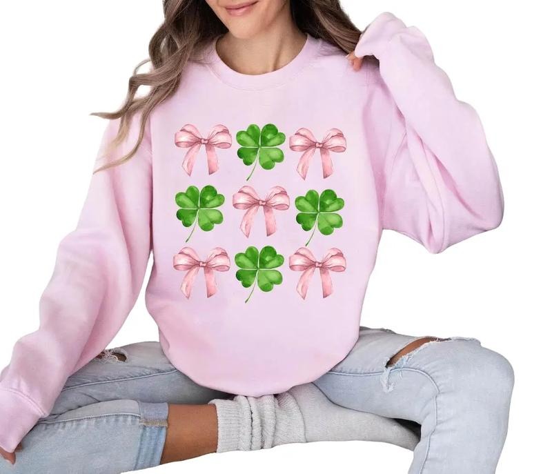 Coquette Bow And Clover Sweatshirt, Soft Girl Era Shirt, Aesthetic Shirt, St Pats Day Shirt, St Patrick's Day Patty's Day Sweatshirt, Gift For Her Him, Gifts For Saint Patrick's Day Sweater, Long Sleeve Tee Crewneck Fit Womenswear