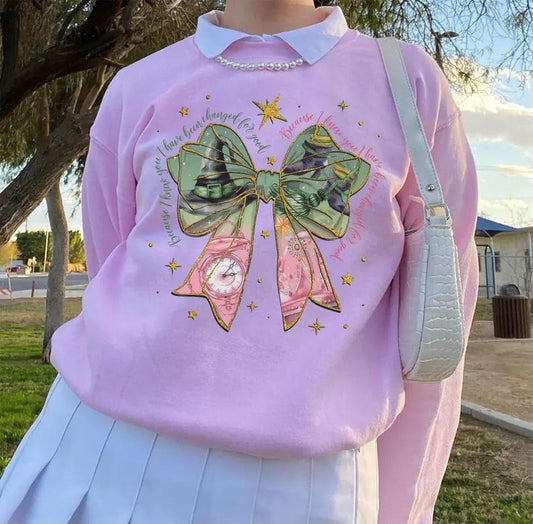 Coquette Bow Because I Know You I Have Been Change For Good Sweatshirt, Defy Gravity Broomstick Magic Wand Shirt, Witch Pink And Green Shirt