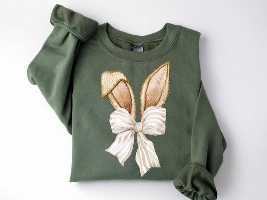 Coquette Bow Bunny Ears Sweatshirt, Cute Bunny Sweatshirt, Rabbit Tee, Happy Easter Day Gift, Coquette Easter, Cute Easter Shirt