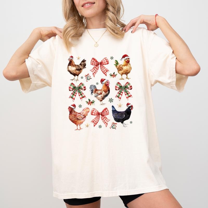 Coquette Bow Chickens T-shirt Comfort Colors, Cute Christmas Farm Animals Tshirt, Xmas Chicken Shirt, Farm Girl Tee, 2024 Holiday Gift Ideas for Women