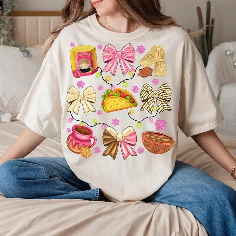 Coquette Bow Christmas Mexican Tshirt Sweatshirt, Spanish Christmas, Feliz Navidad, Christmas Mexican Conchas, Unisex Sweater Pullover Tee