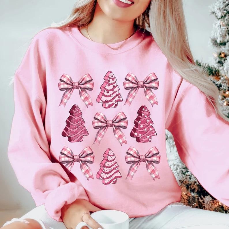 Coquette Bow Christmas Sweatshirt, Christmas Tree Cake Shirt, Coquette Pink Christmas Shirt, Girly Christmas Sweater, Trendy Christmas Shirt