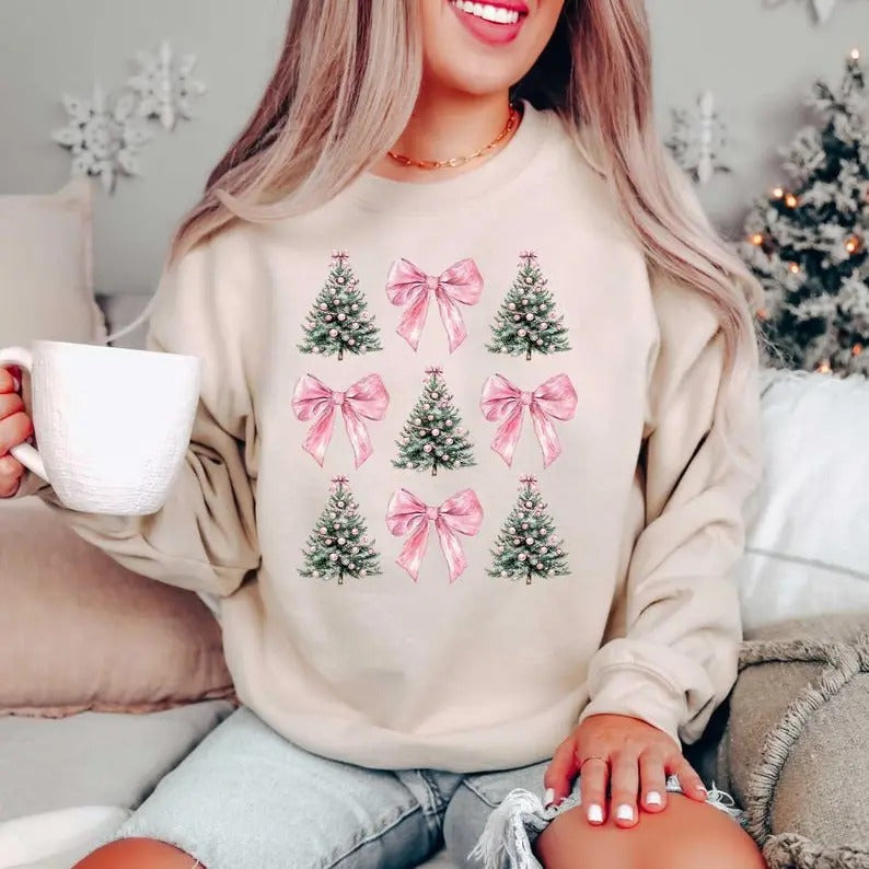 Coquette Bow Christmas Sweatshirt, Christmas Tree Shirt, Christmas Sweatshirt, Girly Christmas Sweater, Coquette Bow Sweater, Christian Sweatshirt, Tops Women Comfort
