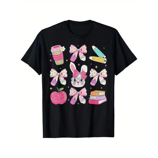 Coquette Bow Easter Bunny Teacher T-Shirt | 100% Cotton | Unisex Black Short Sleeve | Round Neck | Vibrant Digital Print with School-Themed Graphics | Machine Washable | Multi-Size S-XXXL | Ideal for Casual Outings & Gifts Made in USA