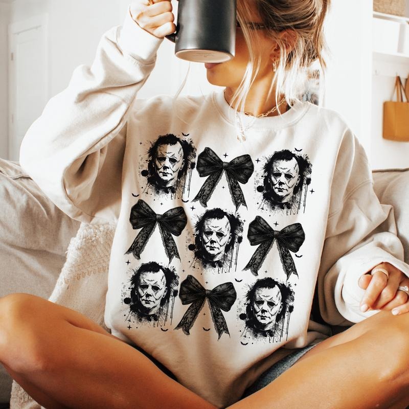 Coquette Bow Halloween Sweatshirt, Horror Movies Sweatshirt, Spooky Season Sweatshirt, Halloween Sweatshirt