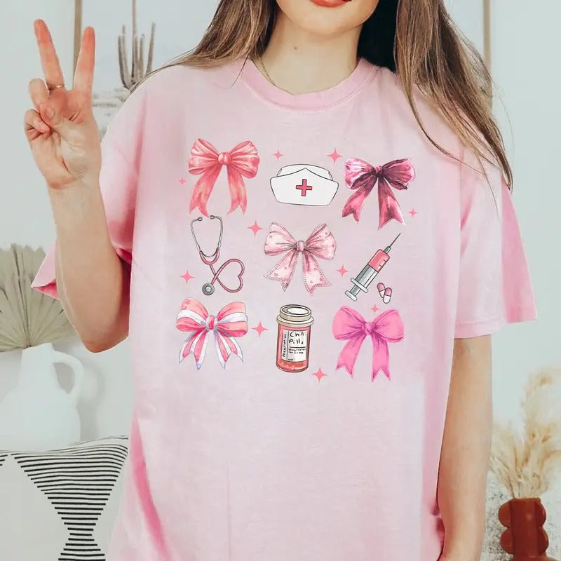 Coquette Bow Nurse T-shirt, Cute Nurse Shirt, Nurse Graduation Gift, RN Tee, In October We Wear Pink Shirt Comfort Fabric