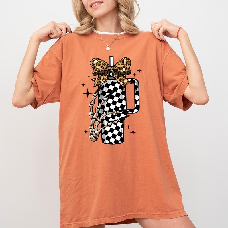 Coquette Bow Skeleton Tumbler Bougie Shirt, Skeleton Halloween Graphic Printed Tee, Black Coquette Bow Soft Fabric Short Sleeve Tee, Women Casual Style, Gift For Her, Short Sleeve Tee For Women, Cotton Fabric Unisex Shirt