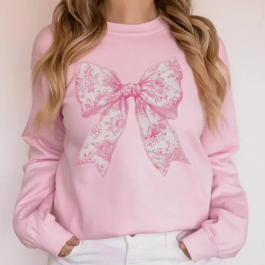 Coquette Bow Sweatshirt Love Toile de Jouy Pink Bow Fancy Chinoiserie Print Trendy Sweatshirt Coquette Aesthetic Bow Cute Friend Gift