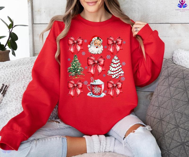 Coquette Bow Sweatshirt, Cute Red Ribbon Santa Sweatshirt, Merry Christmas Bows Sweater, Christmas Gift, Gift For Women