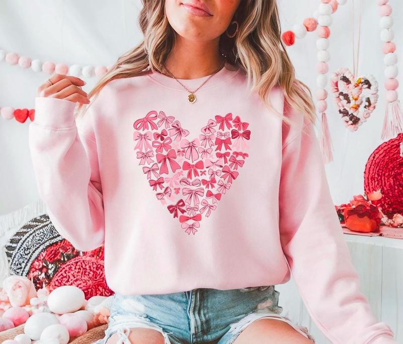 Coquette Bow Valentine's Day Shirt, Pink Bow Heart Valentine Sweatshirt, Pink Bow Valentines Day Shirt, Coquette Heart Sweatshirt, Retro Valentine Day Bow Shirt