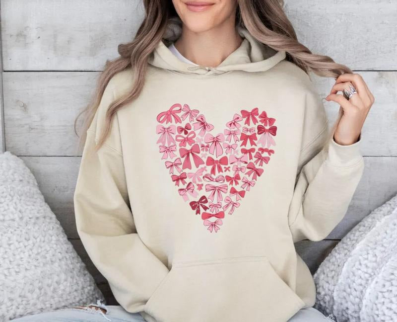 Coquette Bow Valentine's Day Sweatshirt, Pink Bow Heart Valentine Hoodie, Pink Bow Valentines Day Gift, Unisex Crewneck Pullover Tee, Classic Streetwear