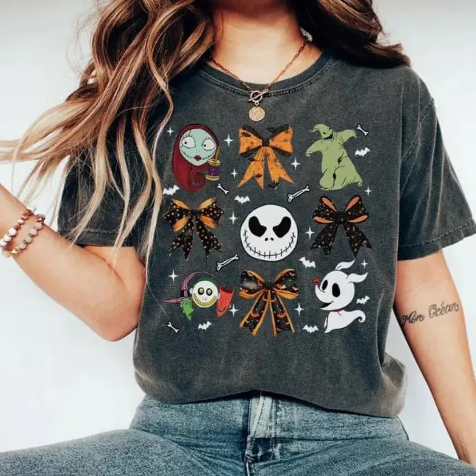 Coquette Bows Nightmare before Christmas Halloween Shirt, Jack & Sally Oogie Boogie Lock Shock Barrel T-Shirt, Spookey Season, Halloween Gift