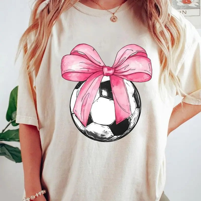 Coquette Bows Soccer Shirt, Soccer Shirt, Soccer Mom Shirts, Soccer Lover Shirt Gifts, Bow Tee, Full Sizes, Full Colors, Cotton Round Neck Tee
