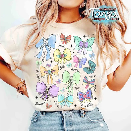 Coquette Bows Watercolor Princess Shirt, Aurora Ariel Belle Cinderella Tiana Shirt, Magic Kingdom Girl Trip 2025
