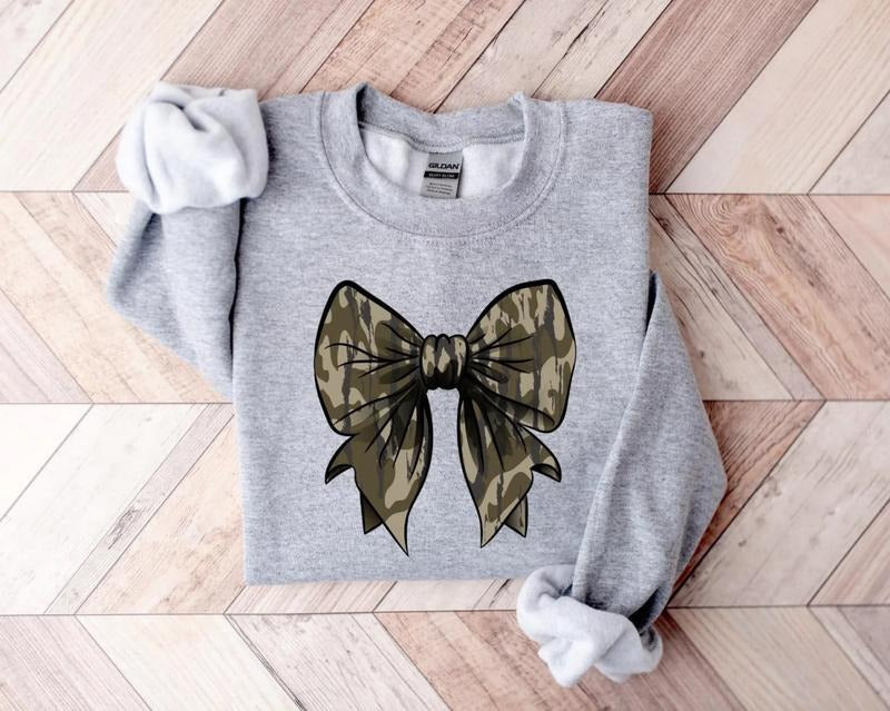 Coquette Camo Bow Sweatshirt, Deer Coquette Bow Tee Shirt, Hunting Girly Sweater, Hunting Season T-Shirt, Camouflage Bow Shirt, Camo Bow Shirt