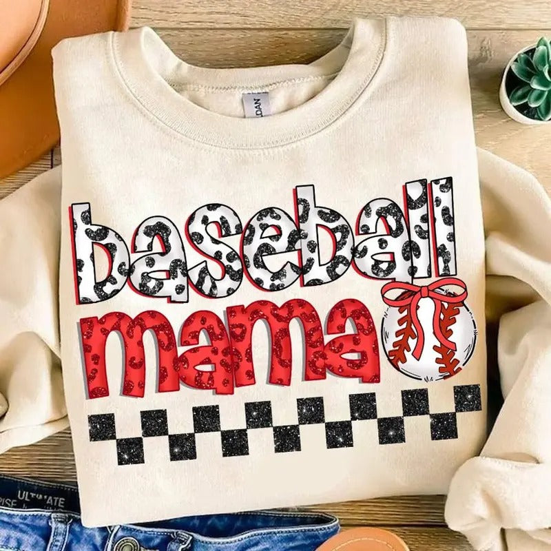 Coquette Checkered Baseball Mama Bow  Leopard  Preppy Baseball Game Day Sweatshirt Classic Cotton