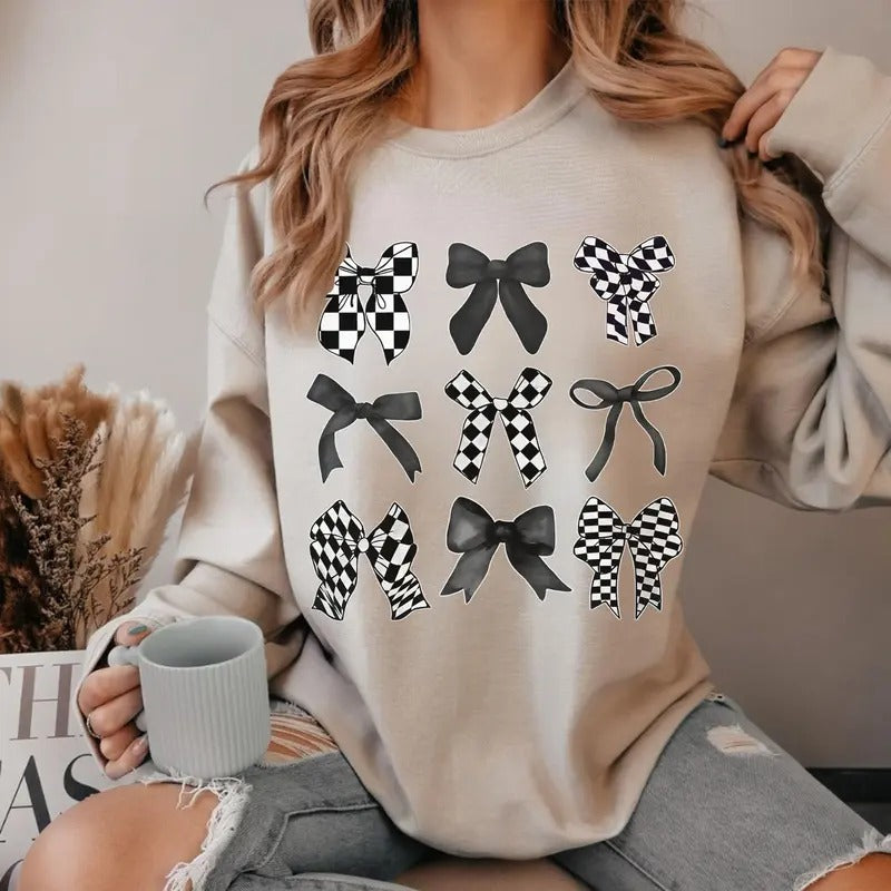 Coquette Checkered Black Bow Sweatshirt, Checkered Mom Tee, Cotton Round Neck Tee, Unisex Tshirt for Men and Women, Menswear, Womenswear, Lady Top Fabric Comfort Printed Sweaters