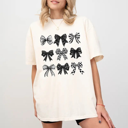 Coquette Checkered Bows Shirt, Preppy Retro Bow Halloween Tee, Black Ribbon Graphic Tee Women, Checkered Dark Bow Shirt, Comfy Oversized Graphic