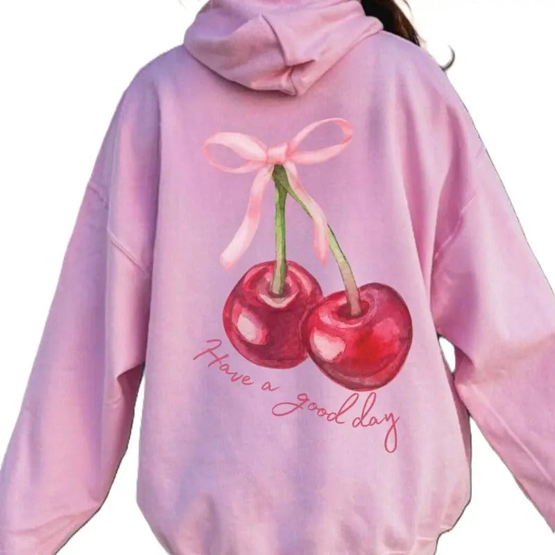 Coquette Cherry Hoodie Have A Good Day Hoodie Words on Back Coquette Bow Trendy Ribbon Shirt Cute Coquette Pullover Tee, Cute Girl Styles