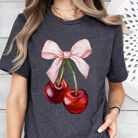 Coquette Cherry and Bow Shirt, Coquette Aesthetic Shirt, Ribbon Crewneck, Cottage Core Shirt, Coquette Clothing, Trendy Crew
