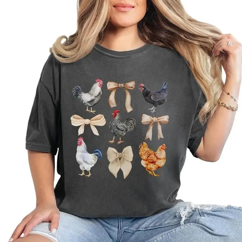 Coquette Chicken T-Shirt, Chicken Lady Graphic Tee Everyday Casual Comfy Womenswear Cute Top, shirt hot trend 2025
