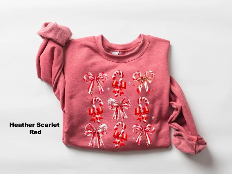 Coquette Christmas Candy Sweatshirt, Christmas Shirt, Candy Cane Bow Sweatshirt, Merry Christmas Crewneck, Womens Christmas Shirt, Coquette Christmas Sweatshirt
