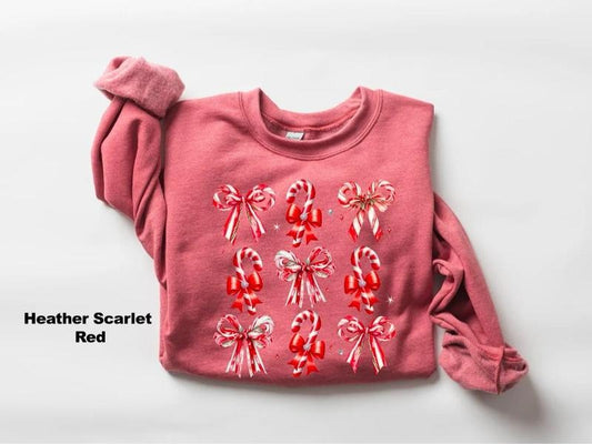 Coquette Christmas Candy Sweatshirt, Christmas Shirt, Candy Cane Bow Sweatshirt, Merry Christmas Crewneck, Womens Christmas Shirt, Coquette Christmas Sweatshirt