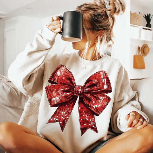 Coquette Christmas Shirt with Glitter Bow and Sequins Holiday - Unisex Size - Fabric, Pullover