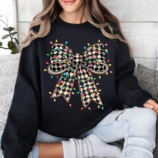 Coquette Christmas Sweatshirt Sublimation Christmas Lights Bow, Merry Christmas Hoodie Digital Print Checkered Christmas Coquette