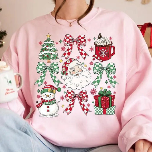 Coquette Christmas Sweatshirt, Christmas trendy 2024 T-Shirt, Retro Holidays, Hot Cocoa, Candy Cane, Santa Coquette Bow Checkered, Girly Christmas