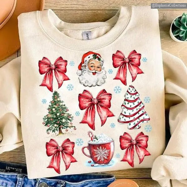 Coquette Christmas T-Shirt, Bow Christmas Tree Sweatshirt, Retro Santa Hot Cocoa Candy Cane Holiday Clothing, Girly Xmas , Global Trending Outfits
