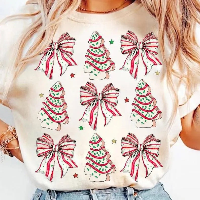 Coquette Christmas Tree Cake T-shirt, Christmas Bow T-shirt, Christmas Tree T-shirt, Retro Holiday T-shirt, Merry Christmas T-shirt, Girly Christmas T-shirt Casual And Comfortable,Shortsleeve Crewneck Lady Comfort, Cotton Tshirt