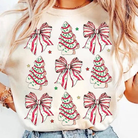 Coquette Christmas Tree Cake T-shirt, Christmas Bow T-shirt, Christmas Tree T-shirt, Retro Holiday T-shirt, Merry Christmas T-shirt, Girly Christmas T-shirt Casual And Comfortable,Shortsleeve Crewneck Lady Comfort, Cotton Tshirt