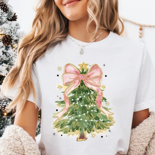 Coquette Colorful Christmas Tree T-Shirt, Faux Glitter, Girls Christmas Tree Shirt, Christmas Coquette Bow, Brushstroke Christmas Tree Shirt