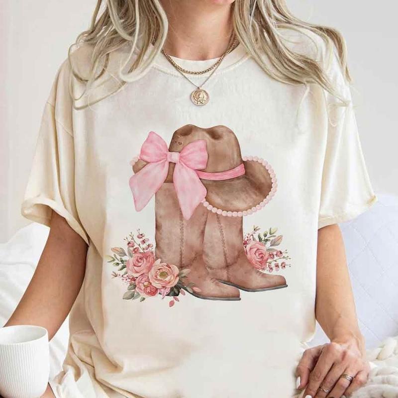 Coquette Cowgirl Shirt, Cowgirl Hat Shirt Gift, Cherry Bow Tee, Western Shirt, Pink Bow, Social Club, Coquette Cowgirl Boots, Unisex T-Shirt, Short Sleeve Tee Shirt, Gifts For Birthday