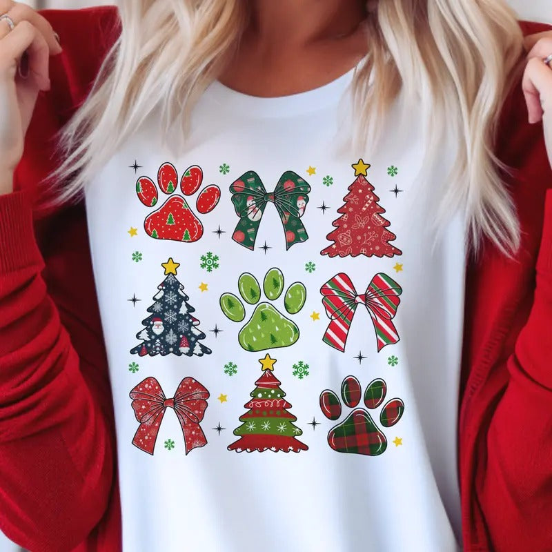 Coquette Dog Mama Tees Paw Christmas Collage Sweatshirt Merry Christmas Bow Tshirt Paw Print Christmas T-Shirt Coquette Christmas Top
