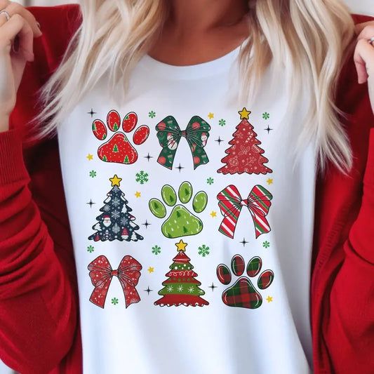 Coquette Dog Mama Tees Paw Christmas Collage Sweatshirt Merry Christmas Bow Tshirt Paw Print Christmas T-Shirt Coquette Christmas Top