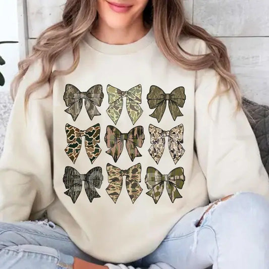 Coquette Girly Preppy Hunting Camo Coquette Bows Sweatshirt, Bottomland Camo Ribbons, Trendy Camo Bow Shirt