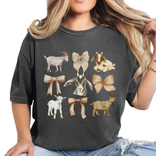 Coquette Goats and Bows T-Shirt, Goat Lovers Tee, Farm Homestead Graphic Shirt, Goats and Bows,Goat Shirt, Cute Comfy Tee, Everyday Casual Womenswear