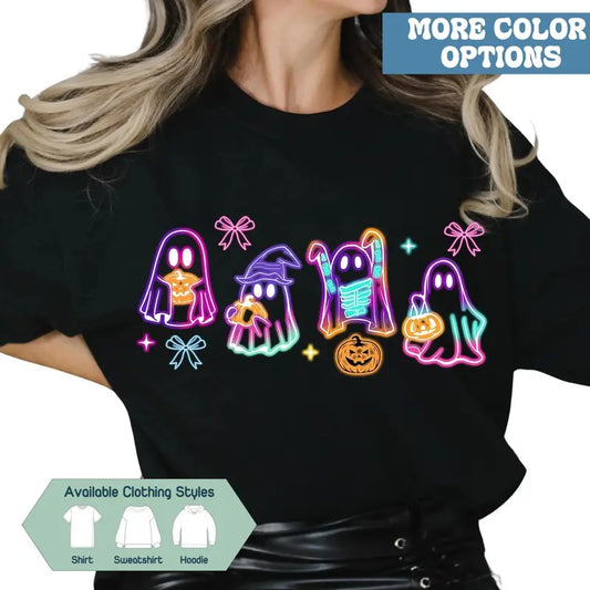 Coquette Halloween Neon T-shirt, Sweatshirt with Ghost Design, Halloween Mama Neon Tee, Girly Coquette Bow Halloween Sweatshirt, Gift for Halloween, Gift for Friends, Gift for Him & Her - Trending, Crew Neck, Top sweatshirts