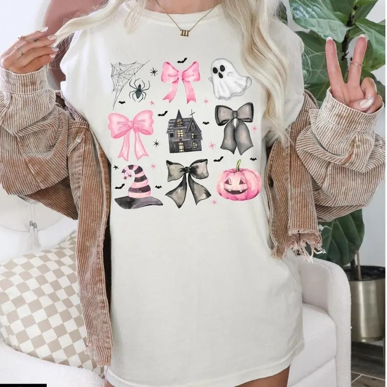 Coquette Halloween Shirt with bows Pastel Spooky pumpkin ghost pink black bows Retro Halloween t-shirt cute halloween shirtsstyle{n002}2