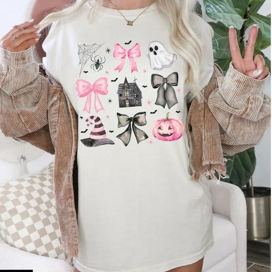 Coquette Halloween Shirt with bows Pastel Spooky pumpkin ghost pink black bows Retro Halloween t-shirt cute halloween shirtsstyle{n002}2