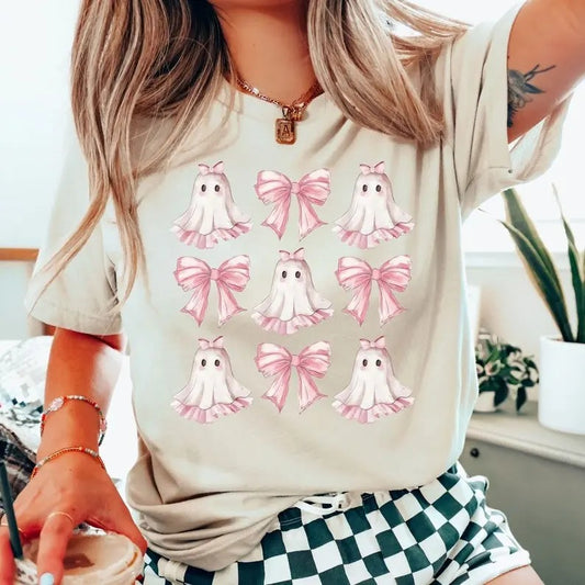 Coquette Halloween Shirt, Coquette Pink Bow Ghost Shirts, Cute Ghost Graphic Tee, Pink Coquette Halloween T-Shirt, Pink Spooky Vibes Shirts