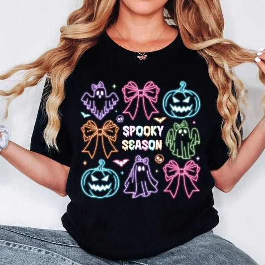Coquette Halloween Spooky Season Shirt, Halloween Ghost Neon Sweatshirt, Halloween Mama Tee, Social Club Shirt, Girly Coquette Bow Pumpkin