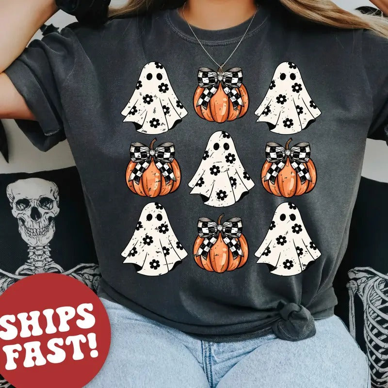Coquette Halloween Sweatshirt, Cute Halloween Pumpkin Shirt, Pink Pumpkin Shirt, Pumpkin Coquette Bow Shirt, Coquette Ghost Shirt, Unisex Tshirt for Men and Women, Menswear, Womenswear, Lady Top Fabric Printed Cotton
