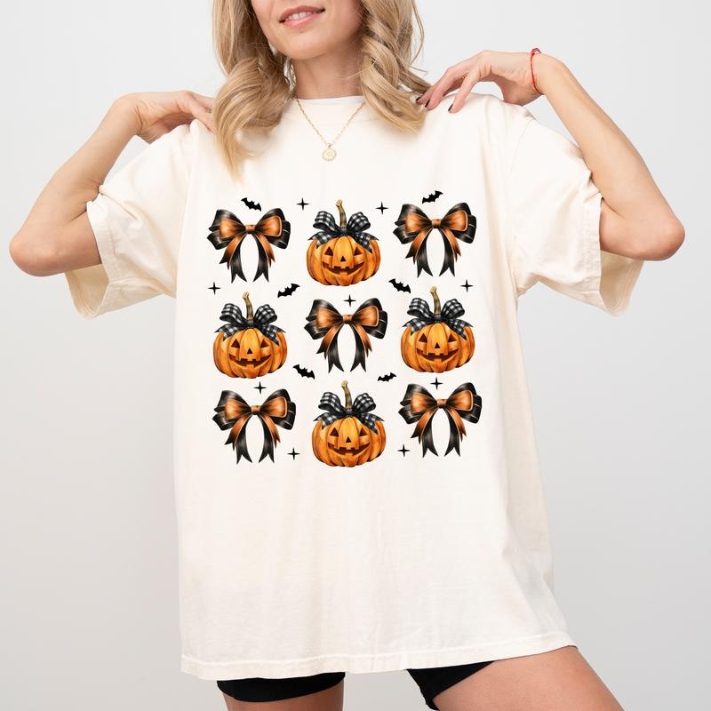 Coquette Halloween pumpkin Comfort Colors Shirt, Halloween Pumpkin Graphic Tee, Pumpkin Season Fall Unisex Shirt, Fall Halloween T-shirt For Women, Halloween Gift, Comfy Fabric Graphic Tee, Womenswear, Cotton Fabric Relaxed Fit Chic Style