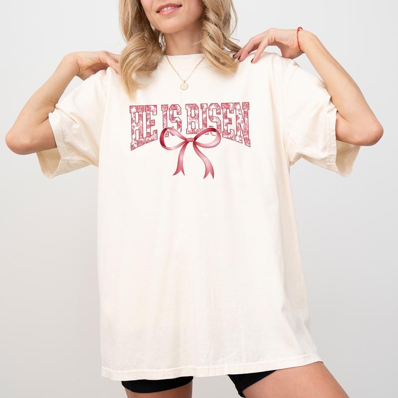 Coquette He Is Risen Comfort Colors Shirt, Bible Verse T-shirt, Toile Bow Christian Graphic Tee, Religious Clothing, Faith Outfits, Womenswear